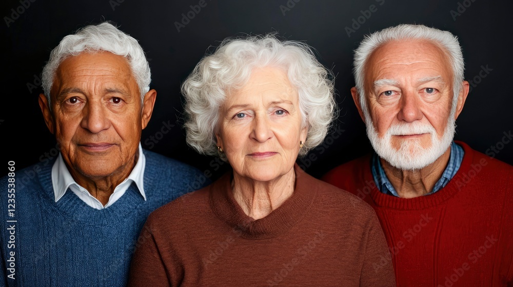 Portrait of Three Senior Citizens, Diverse Group of Elderly People, Confident and Dignified Portrait of Three Senior Citizens, Diverse Group of Elderly People, Confident and Dignified