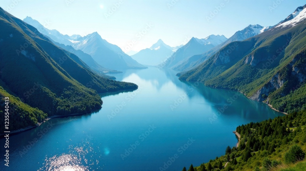 Obraz premium Serene mountain lake nestled between verdant slopes and snow-capped peaks, reflecting a brilliant sky