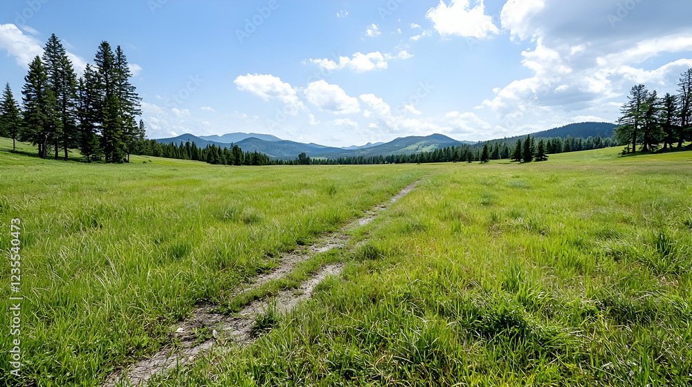 Mountain meadow path, summer landscape, clear sky, nature background, travel photography Mountain meadow path, summer landscape, clear sky, nature background, travel photography