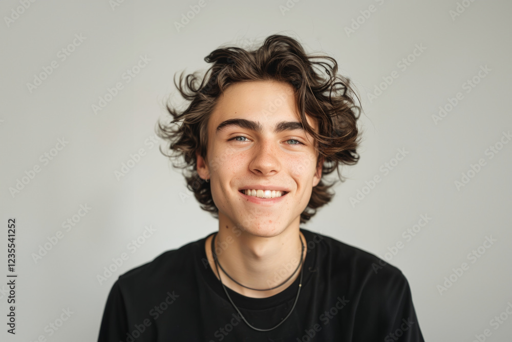 a young Caucasian teen in neat attire on a white gray background captures a blend of professionalism and casual confidence. a young Caucasian teen in neat attire on a white gray background captures a blend of professionalism and casual confidence.