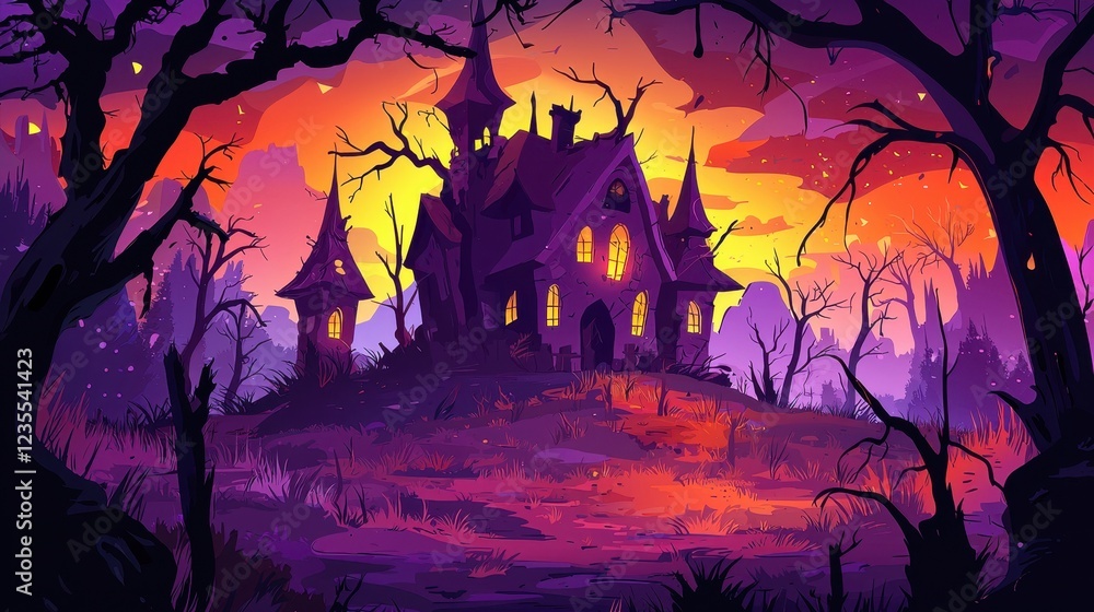 Enigmatic Halloween Castle nestled amidst a dark, whimsical forest at sunset. Enigmatic Halloween Castle nestled amidst a dark, whimsical forest at sunset.
