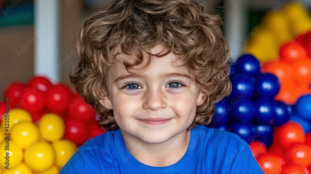 Fototapeta premium Happy Toddler Boy with Curly Hair Playing in a Ball Pit