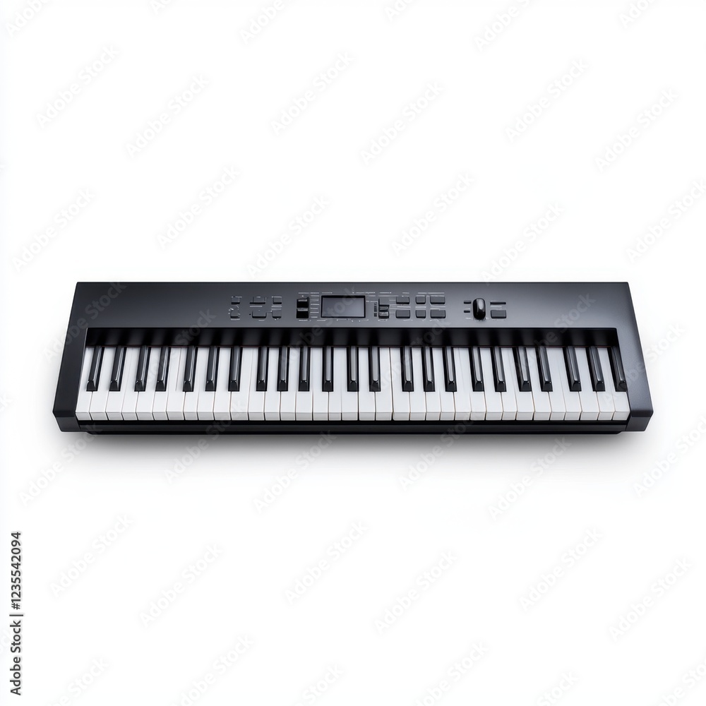 Black digital piano keyboard with white keys and control panel on a clean white background Black digital piano keyboard with white keys and control panel on a clean white background