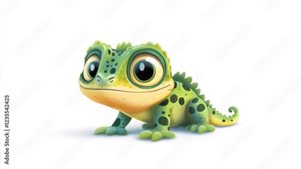 Obraz premium Cute cartoon green lizard, digital art, white background, children's book illustration
