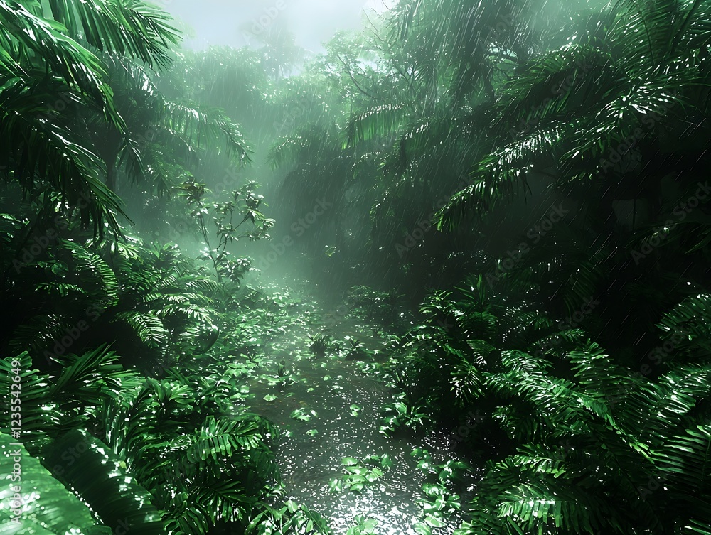 Fototapeta premium A lush green rainforest scene with dense foliage, illuminated by mist and raindrops. The tranquil atmosphere hints at the vibrant life within this tropical ecosystem.
