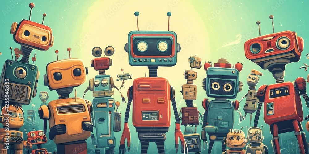 Fototapeta premium A Colorful Group Of Retro Robots Standing Together