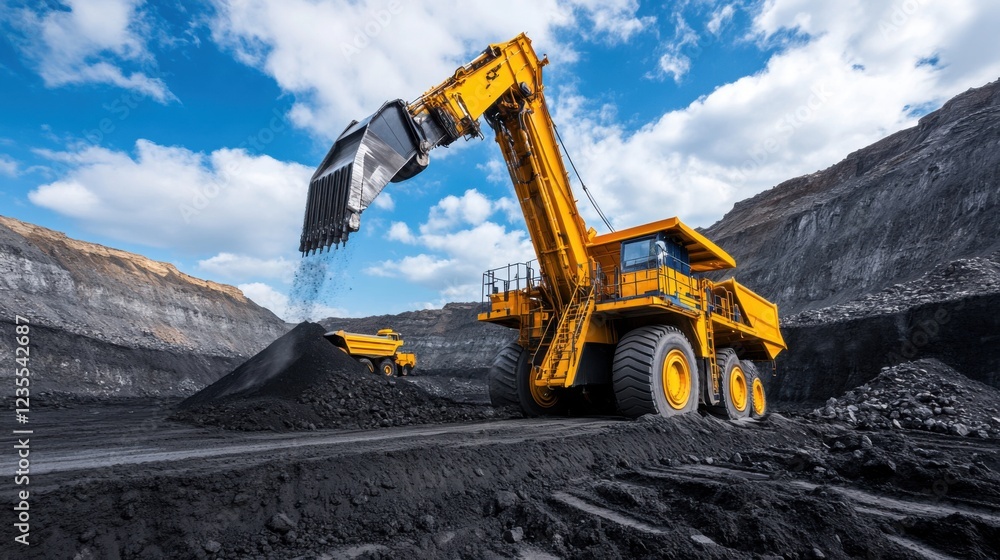 Obraz premium Heavy machinery operates in a coal mine, showcasing a yellow excavator and black coal being transported