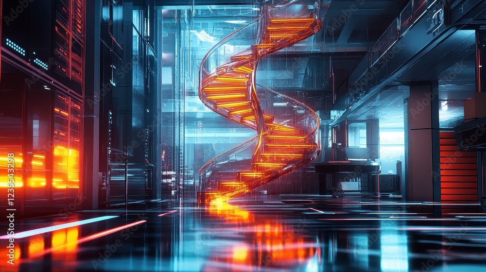 Fototapeta premium DNA helix structure glowing in a high-tech laboratory front view futuristic tone Complementary Color Scheme