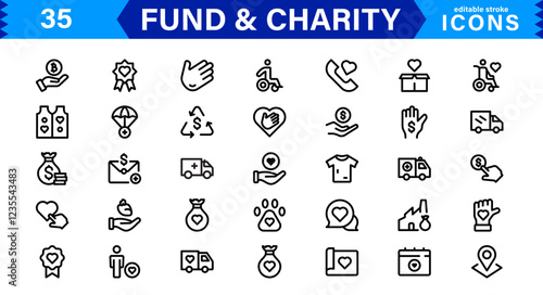 Fundraising & Charity Icon Collection. Minimalist Outline and Vector Icons for Social Impact, Donations, and Nonprofit Campaigns