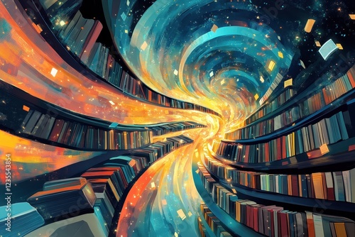 A swirling library of infinite books and cosmic wonder photo