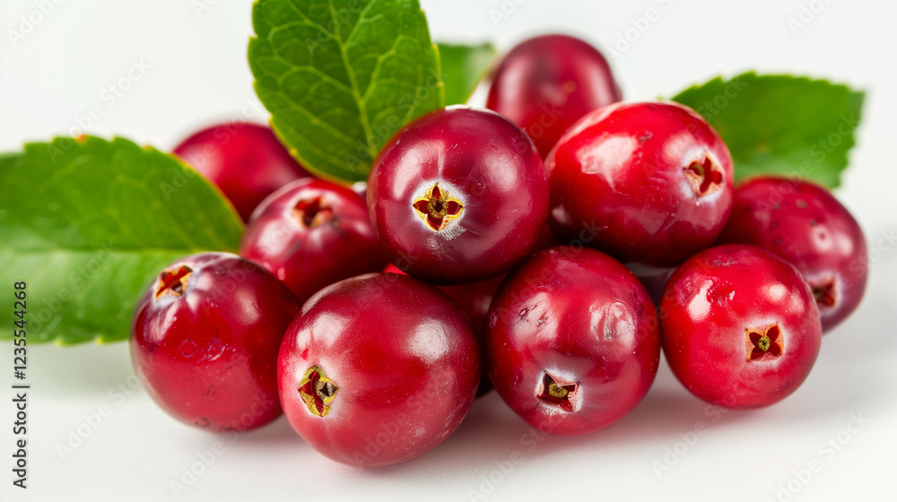 Fresh cranberries with green leaves on a white background Fresh cranberries with green leaves on a white background