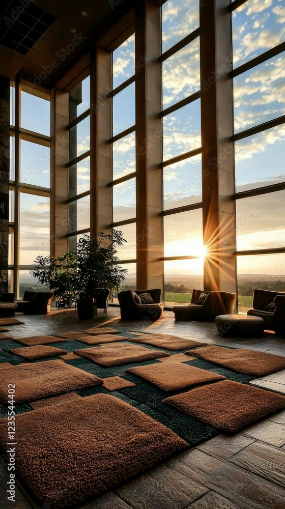 Modern Lounge Sunset View Floor to Ceiling Windows Stylish Interior Design Cozy Armchai Modern Lounge Sunset View Floor to Ceiling Windows Stylish Interior Design Cozy Armchai