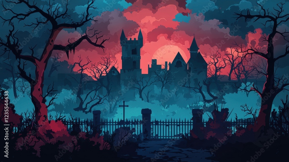 Eerie gothic castle silhouetted against a crimson moonlit sky, surrounded by skeletal trees and a graveyard fence. Eerie gothic castle silhouetted against a crimson moonlit sky, surrounded by skeletal trees and a graveyard fence.