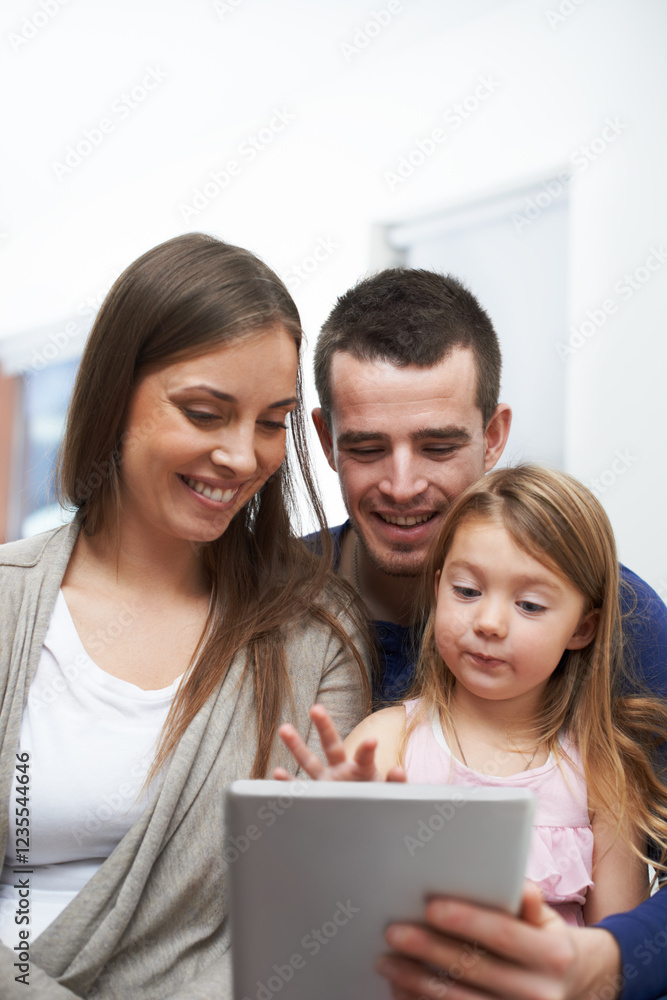 Home, father and mother with child for tablet, educational video and streaming service for cartoon. House, dad and mom with girl for game subscription, ebook or bonding with entertainment application Home, father and mother with child for tablet, educational video and streaming service for cartoon. House, dad and mom with girl for game subscription, ebook or bonding with entertainment application
