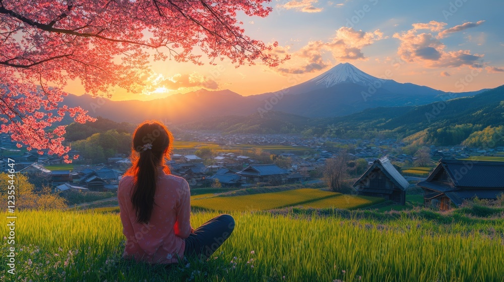 custom made wallpaper toronto digitalA relaxing yoga woman at countryside of Japan at Mount Fuji area with traditional japanese Shirakawa-go house style and blooming cherry blossom.