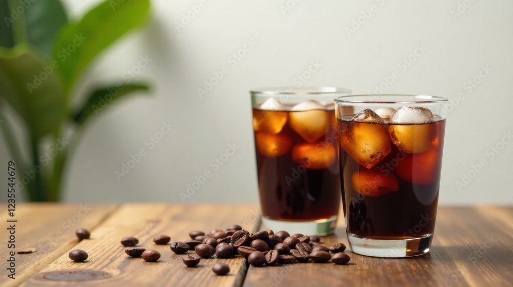 Refreshing Iced Coffee in Two Glasses with Coffee Beans on Wooden Table Refreshing Iced Coffee in Two Glasses with Coffee Beans on Wooden Table