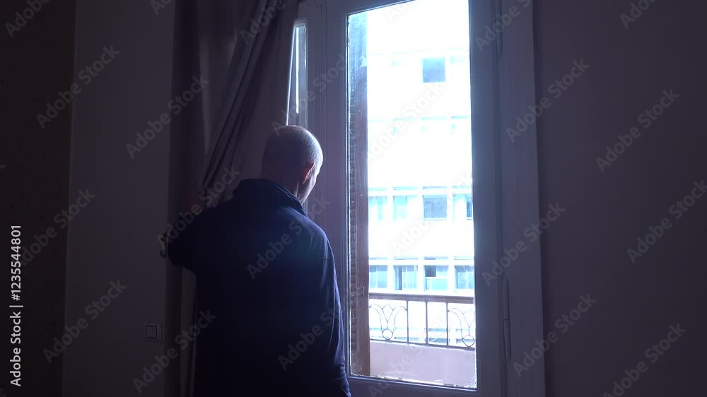 Cairo, Egypt A man opens curtains to a balcony door. Cairo, Egypt A man opens curtains to a balcony door.