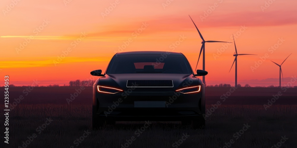 Fototapeta premium Sunset Scene with Car and Wind Turbines in Background