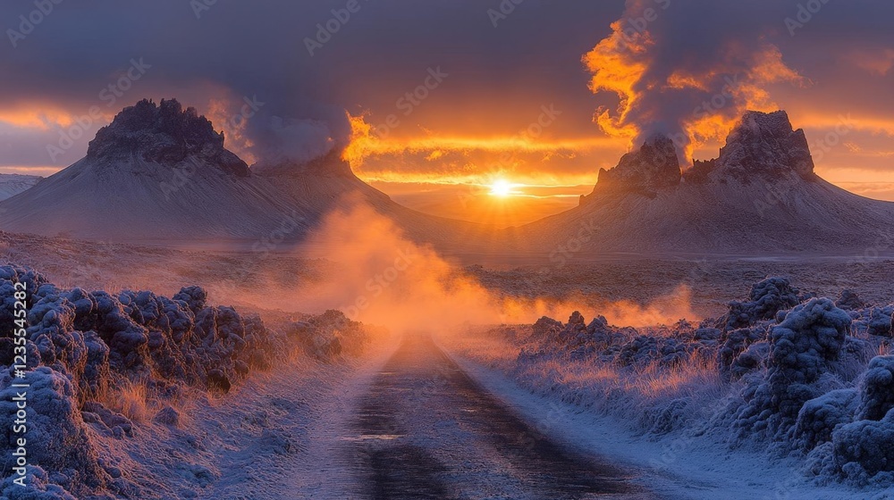 Fototapeta premium Dramatic Winter Sunset over Snowy Desert Mountains