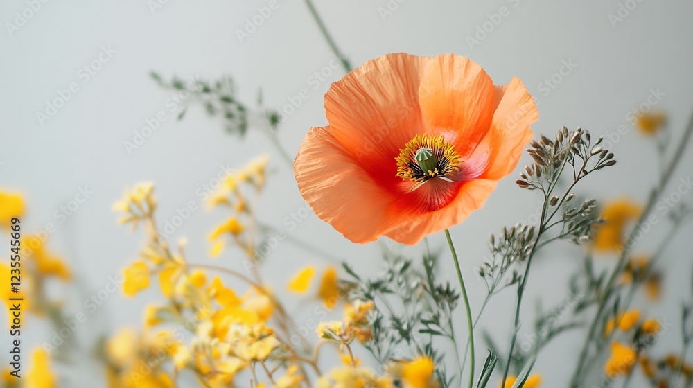Fototapeta premium Soft light illuminates delicate peach poppy among yellow wildflowers. AI Generated