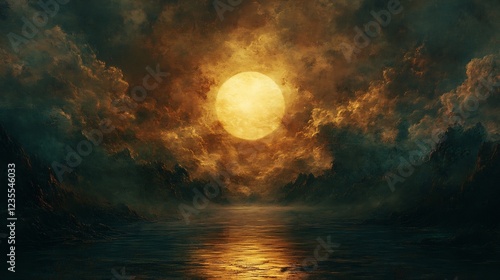 Giant orange sun dramatically rises over dark moody sea. AI Generated photo