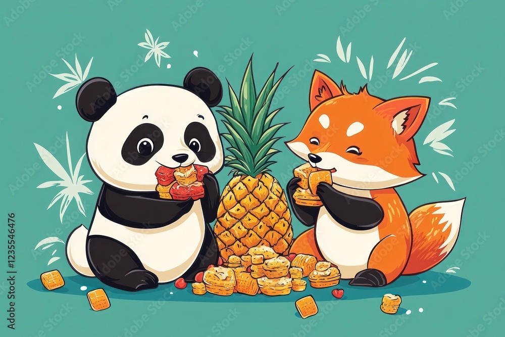 Panda and fox eating pineapple and mango Panda and fox eating pineapple and mango