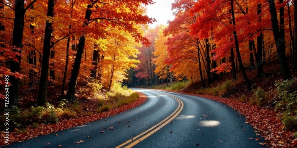 Fototapeta premium Autumnal Road Winding Through a Canopy of Vibrant Fall Foliage