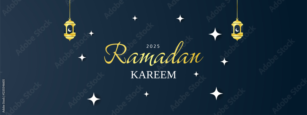 Fototapeta premium Luxury ramadan kareem islamic banner design with gold frame and arabic lantern. dark blue gradient
