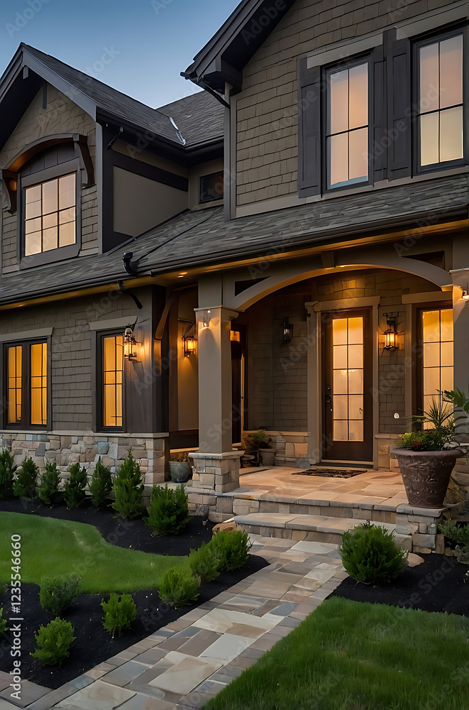 Luxury Home Exterior at Night: Modern Architecture, Stone Facade, Landscaped Garden Luxury Home Exterior at Night: Modern Architecture, Stone Facade, Landscaped Garden