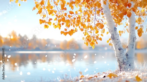 Autumn birch tree by lake, first snow, serene landscape, nature wallpaper