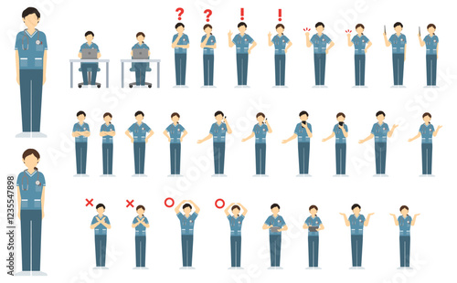 フラットイラスト：看護師正面(緑)