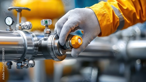 A close-up of a worker's gloved hand turning a valve on a gas pipeline