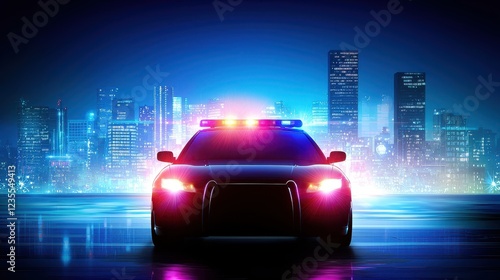 A patrol car with flashing lights silhouetted against a night cityscape.