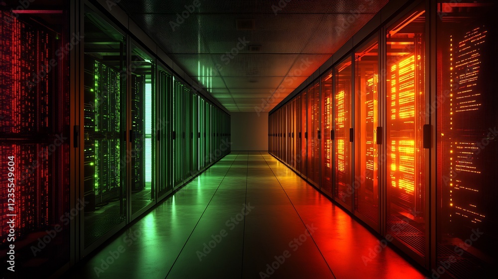 Fototapeta premium Intense server room glows red and green light reflecting powerfully on polished floor. AI Generated