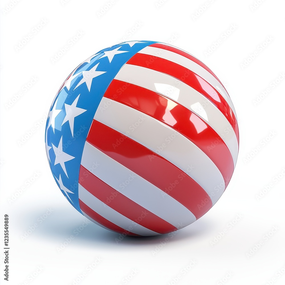 A glossy sphere featuring the American flag's red, white, and blue colors, adorned with stars and stripes.