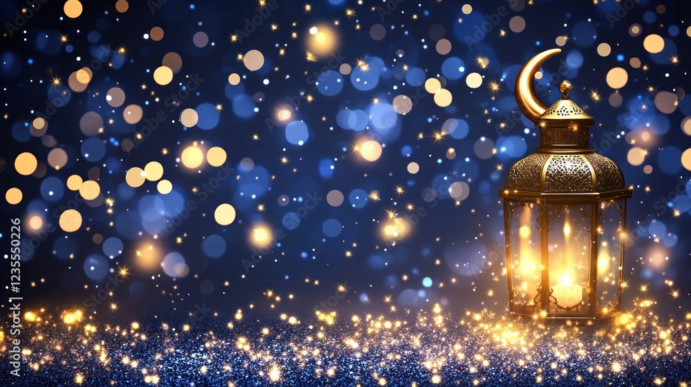 Sparkling Ramadan lantern with crescent moon on blue bokeh background. Sparkling Ramadan lantern with crescent moon on blue bokeh background.
