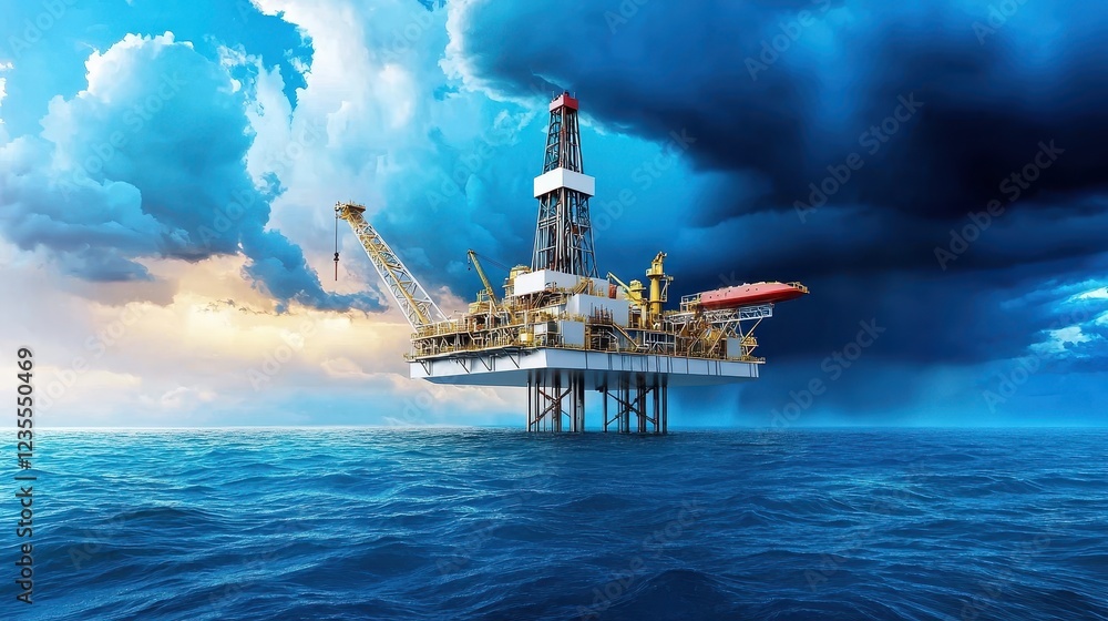 Obraz premium An offshore oil rig surrounded by vast ocean under a dramatic cloudy sky