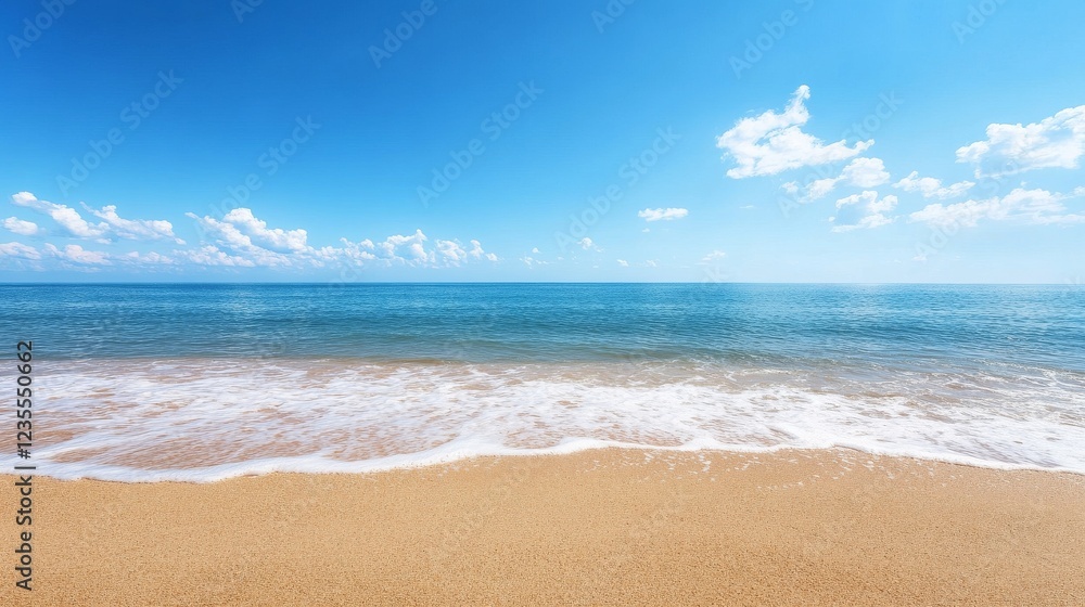 Tropical beach, gentle waves lapping sandy shore under a vibrant blue sky with fluffy clouds; perfect for travel and tourism brochures Tropical beach, gentle waves lapping sandy shore under a vibrant blue sky with fluffy clouds; perfect for travel and tourism brochures