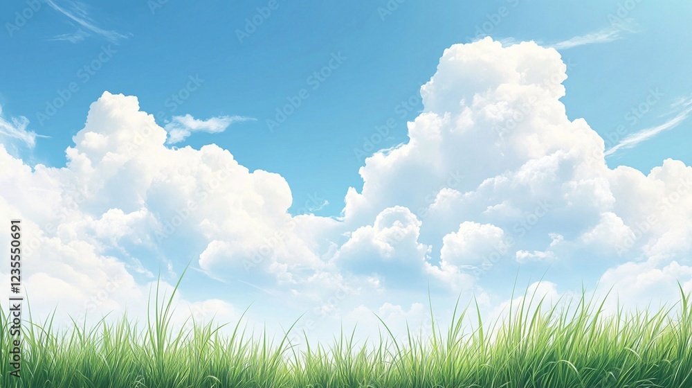 Cloudy sky over lush green grass nature scene artistic illustration tranquil atmosphere wide-angle view Cloudy sky over lush green grass nature scene artistic illustration tranquil atmosphere wide-angle view