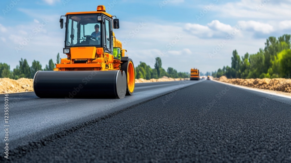 Vibrant Road Construction Scene Featuring Heavy Machinery Working on Asphalt Paving for New Roadway Development Vibrant Road Construction Scene Featuring Heavy Machinery Working on Asphalt Paving for New Roadway Development