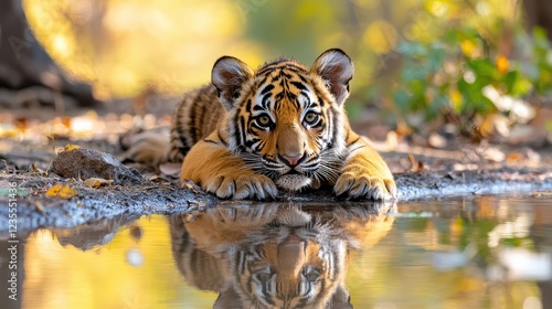 A young tiger rests by a tranquil water source, reflecting its image, surrounded by lush greenery and warm autumn light.