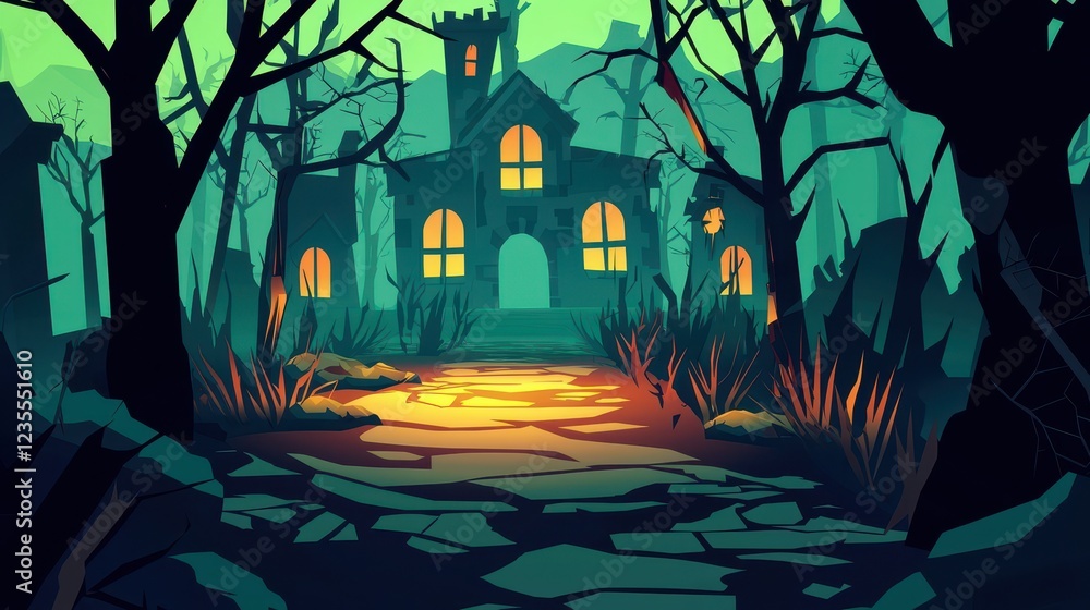 Haunted House Path Through Spooky Forest At Night Haunted House Path Through Spooky Forest At Night