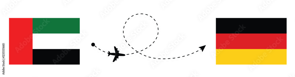 UAE to Germany flight travel concept. Abu Dhabi to Berlin flight travel by airplane. UAE flag. Germany flag. UAE to Germany flight travel concept. Abu Dhabi to Berlin flight travel by airplane. UAE flag. Germany flag.