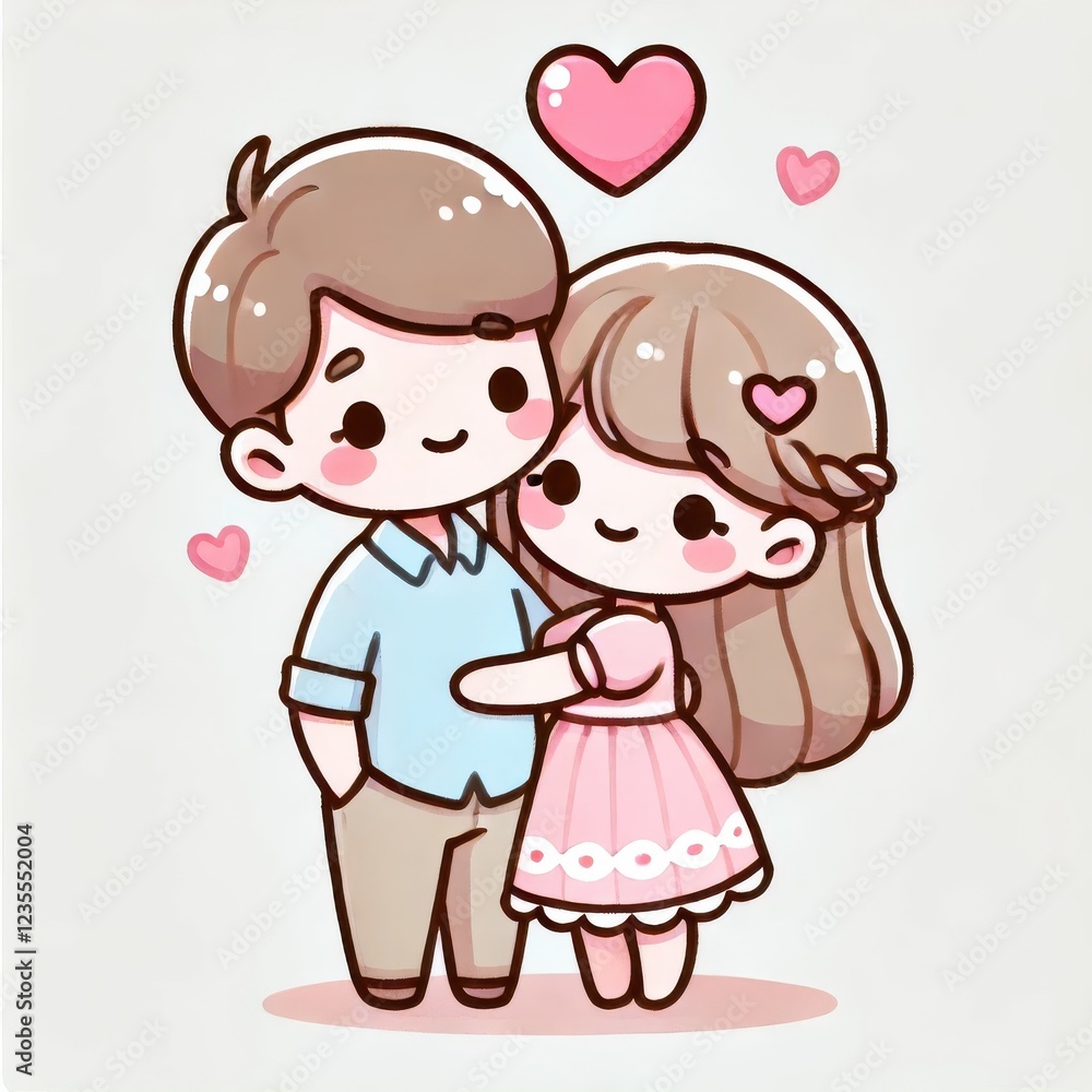 Cartoon couple hugging with a heart symbol. Cute pastel illustration on a white background. Valentine's Day and love concept. Cartoon couple hugging with a heart symbol. Cute pastel illustration on a white background. Valentine's Day and love concept.