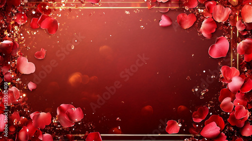 赤とゴールドの幻想的な背景に舞うバラの花びらがロマンチックな雰囲気を演出。generative ai