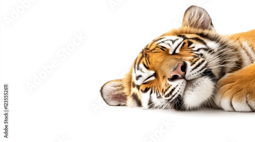 A peaceful tiger sleeps soundly, showcasing its vibrant orange fur and striking black stripes against a white background.