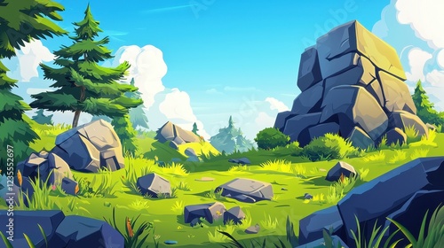 Sunny Meadow Landscape With Rocks and Pine Trees