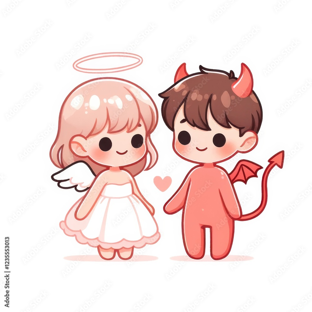 Cartoon couple dressed as angel and devil. Cute pastel illustration with halo, wings, horns, and trident on a white background. Halloween and love concept. Cartoon couple dressed as angel and devil. Cute pastel illustration with halo, wings, horns, and trident on a white background. Halloween and love concept.