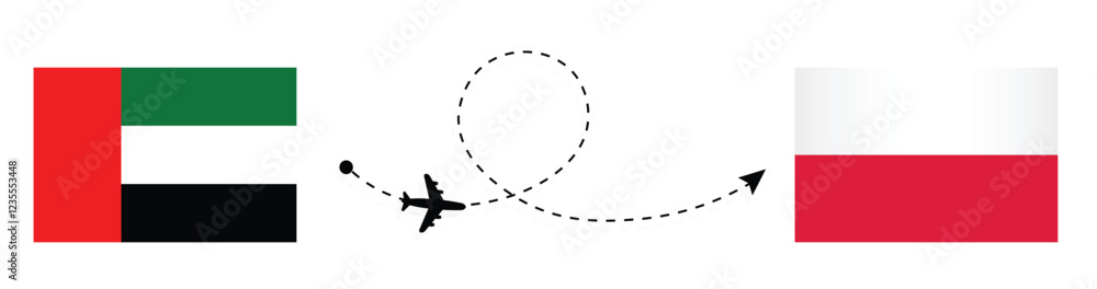 UAE to Poland flight travel concept. Abu Dhabi to Warsaw flight travel by airplane. UAE flag. Poland flag. UAE to Poland flight travel concept. Abu Dhabi to Warsaw flight travel by airplane. UAE flag. Poland flag.