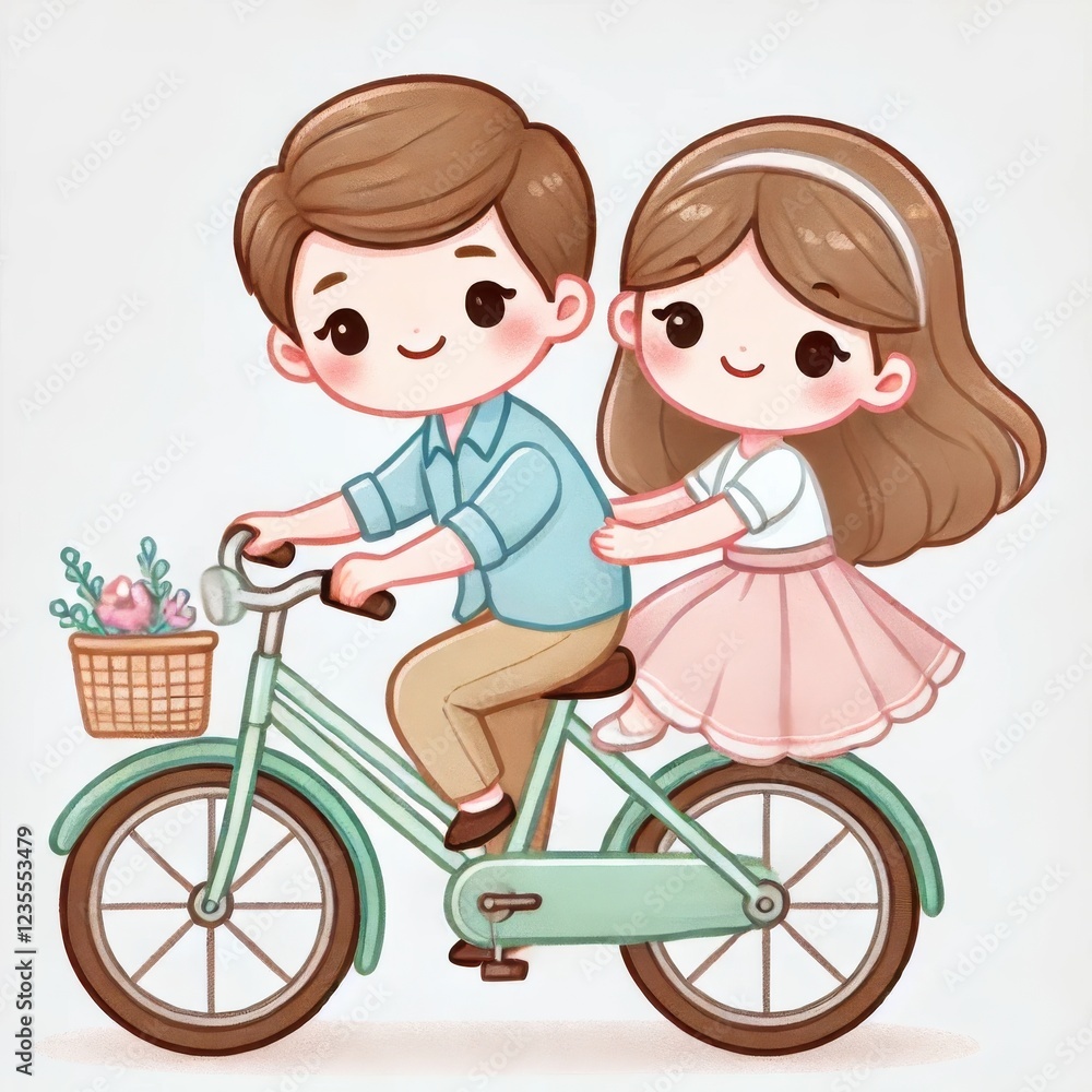 Cartoon couple riding bicycle with a basket of flowers. Cute pastel illustration on a white background. Love and springtime concept. Cartoon couple riding bicycle with a basket of flowers. Cute pastel illustration on a white background. Love and springtime concept.